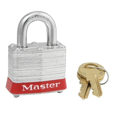 No. 3 Laminated Steel Padlock, 9/32 in dia, 5/8 in W x 3/4 in H Shackle, Silver/Red, Keyed Different, Varies