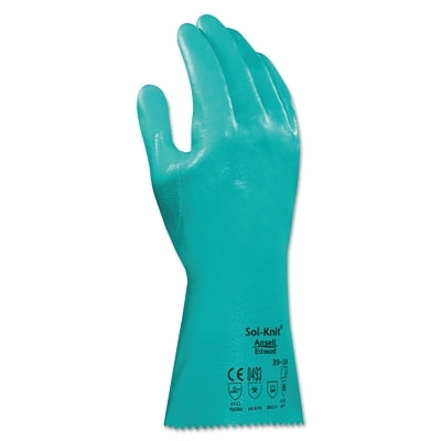 39-124 14 in Reinforced Nitrile Gloves, Gauntlet Cuff, Interlock Knit Cotton Liner, Size 10, Green