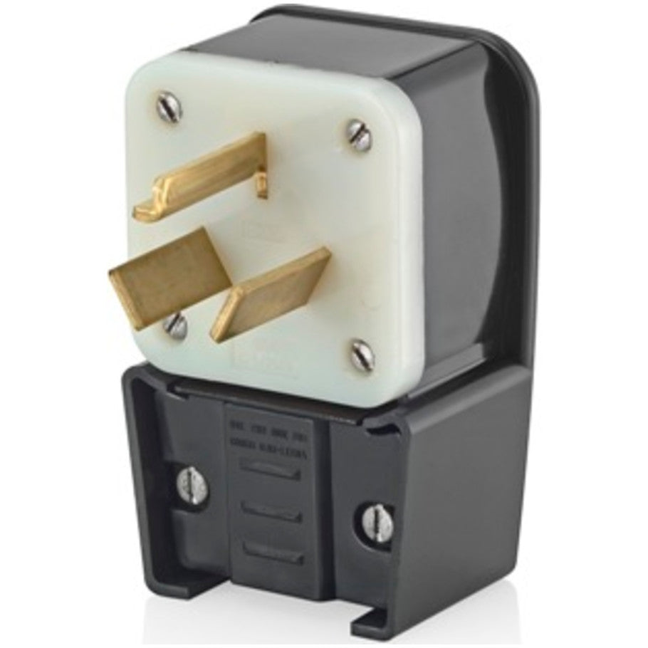 Industrial Grade Straight Blade Plug, Angled, 30A, 125/250V, 3P3W, NEMA 10-30P, Black