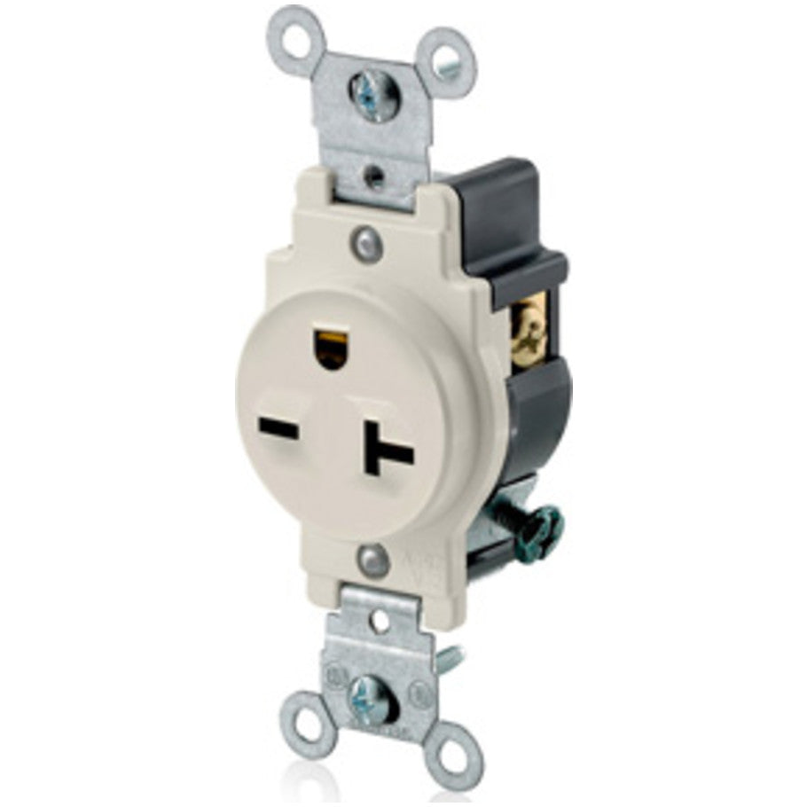Commercial Grade Straight Blade Single Receptacle, 20A, 250V, 2P3W, NEMA 6-20R, Narrow Body, Side Wired, Light Almond