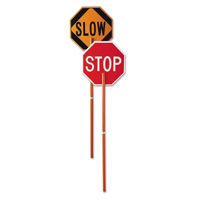 Safety Paddle, STOP/SLOW, White Letters on Red/ Black Letters on Orange, Nonreflective Aluminum, 72 in Wood Handle
