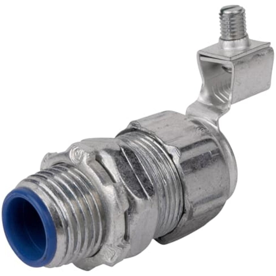53 Series Liquid Tight Connector, Zinc Electroplated Steel, Grounding Lug, Insulated Throat, 1-1/2 in.