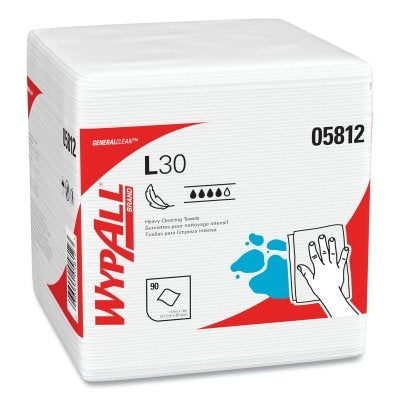 WypAll* L30 Wipers, White, 12 in W x 12-1/2 in L, 1/4 Fold, 90 per Pack/ 12 Pack per Case