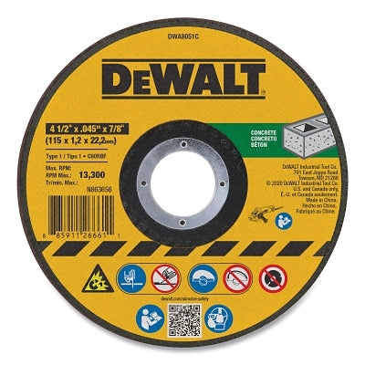 Cutting Wheel, Type 1, 4-1/2 in dia x 0.045 in Thick x 7/8 in Arbor, Silicon Carbide, Concrete Cutting