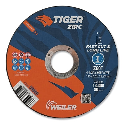 Tiger Zirc Cutting Wheel, 4-1/2 in dia, 0.045 in Thick, 7/8 in Arbor, Zirconia Alumina, Type 1, Z60T