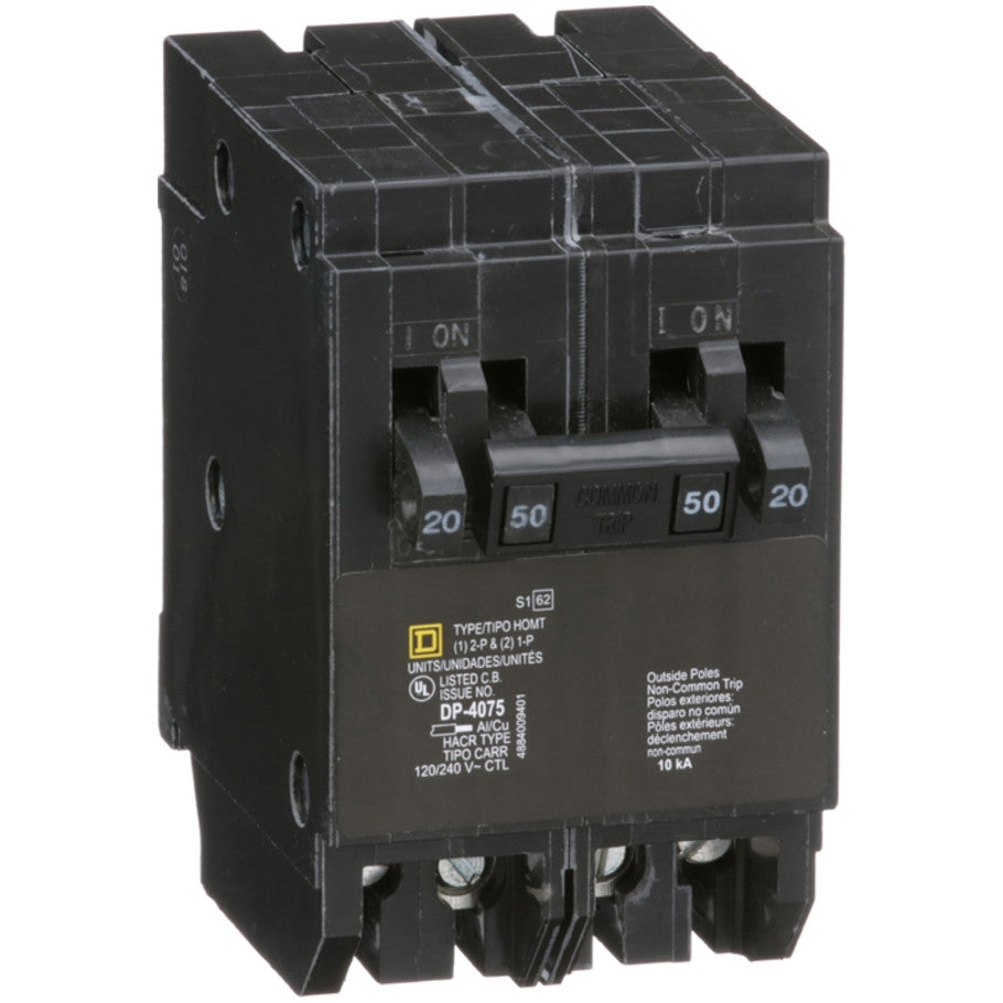Homeline Quad Tandem Circuit Breaker, Plug-In, 10kA, 120/240 Vac, (2) 1-Pole 20A, (1) 2-Pole 50A
