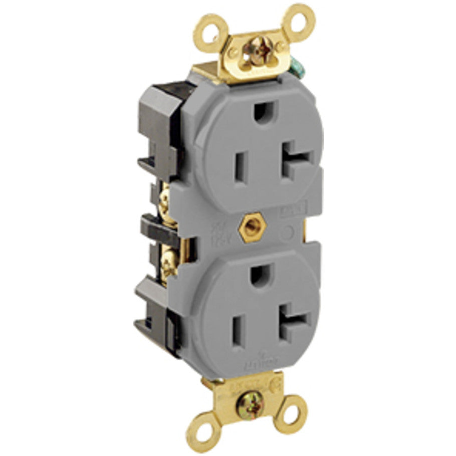Straight Blade Duplex Receptacle, 20A, 125V, 2P3W, NEMA 5-20R, Self-Grounding, Back and Side 8-Hole Feed-Thru Wired, Gray