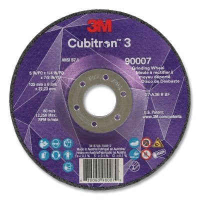 3M 638060-90007 Cubitron 3 Depressed Center Grinding Wheel, 5 in dia x 1/4 in Thick x 7/8 in Arbor, 36+ Grit, T27