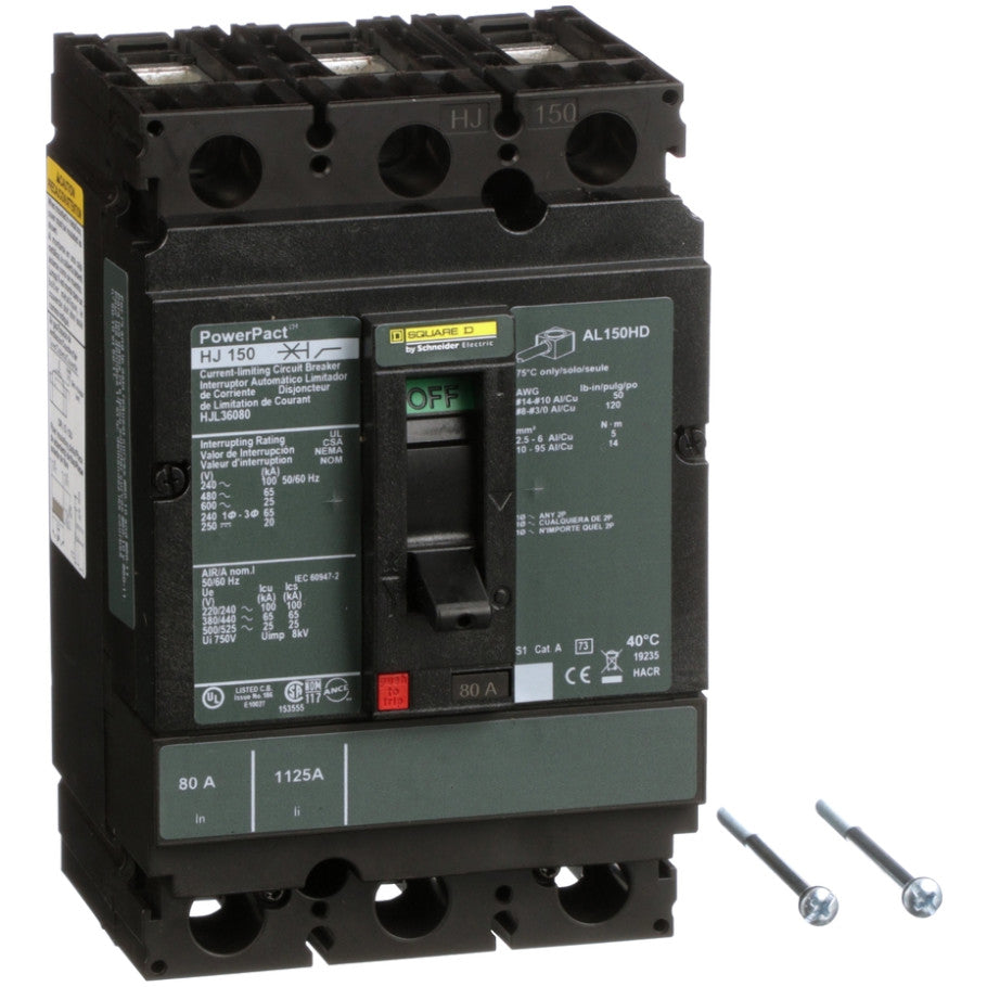 PowerPact Molded Case Circuit Breaker, H-Frame, Thermal Magnetic, Unit Mount, 25kA, 600 Vac/250 Vdc, 3-Pole, 80A