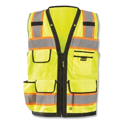 Heavy-Duty Surveyor Vest, Class 2 Type R, Polyester/300D Oxford, 2 in Refl Tape w/Orange, 8 Pockets, Zipper, XL, Yellow