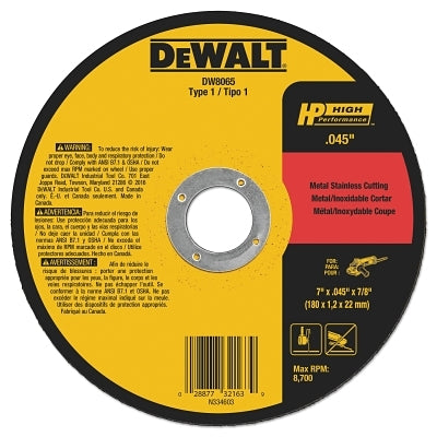 High Performance Cutting Wheel, Type 1, 7 in dia x 0.045 in Thick x 7/8 in Arbor, 60 Grit, Aluminum Oxide