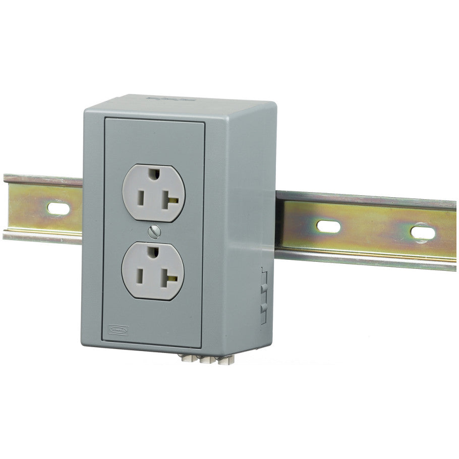 DIN Rail Utility Box, Complete Unit- Duplex Receptacle, DIN Rail Box, 20A Duplex, Gray