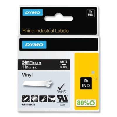 Industrial Rhino Vinyl Label Cartridge, 1 in W x 18 ft L, White Print on Black Background