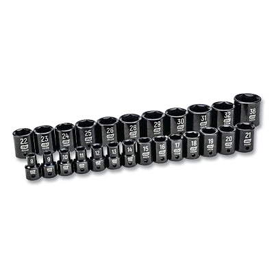 Impact Socket Set, 1/2 in Dr, 6-point, Metric, 8 mm to 36 mm, 25-Pc Standard Length, Incl Blow Mold Case