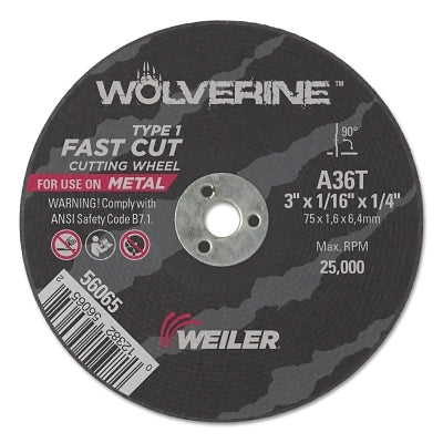 Wolverine Cut-Off Wheel, Type 1, AO, 3 in dia x 1/4 in AH x 1/16 in Thick, 36T, 1 EA/EA