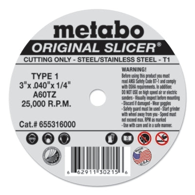 Original Slicer Cutting Wheel, 3 in dia, .04 in Thick, A 60 TZ Grit, Alum. Oxide