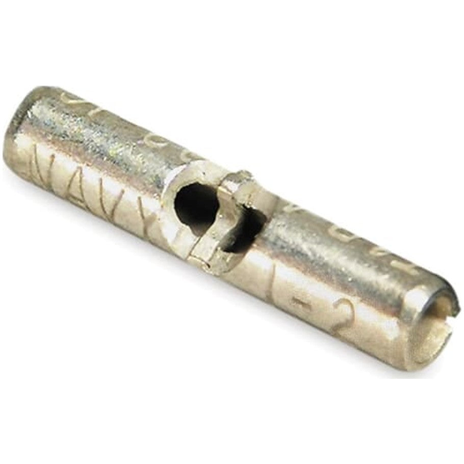 Non-Insulated Butt Splice, Length 0.63 Inches, Width 0.13 Inches, Wire Range 22-18 AWG, Copper, Tin Plated, 100 Pack