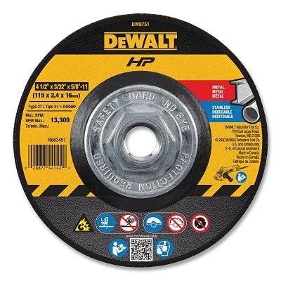 High Performance Cutting and Notching Wheel, Type 27, 4-1/2 in dia x 3/32 in Thick x 5/8 in-11 in Arbor, 24 Grit, Alum Oxide