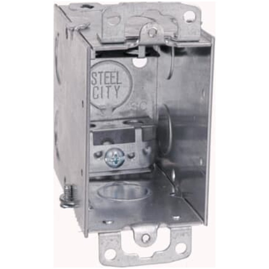 3x2 Switch Box, Gangable, Steel, 3-1/2 in. D, (6) 1/2 in. Side KO, (1) 1/2 in. Bottom KO, Mounting Ears, (2) C-3 Clamps