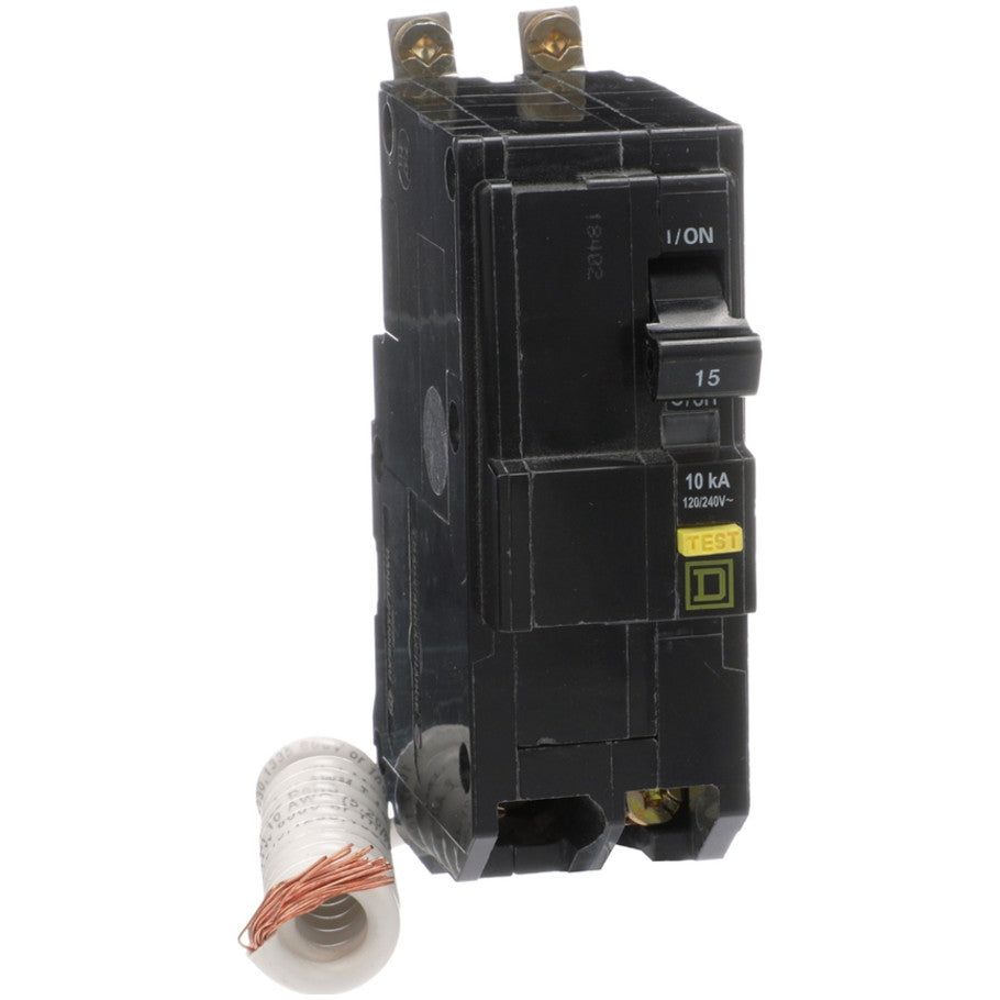 Mini circuit breaker, QO, 15A, 2 pole, 120/240VAC, 10kA, bolt on, 6mA grd fault A, pigtail,  TAA