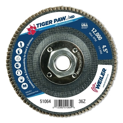 Tiger Paw Super High Density Flap Disc, 4-1/2 in dia, 36 Grit, 5/8 in-11 Arbor, 12000 RPM, Type 29 Conical
