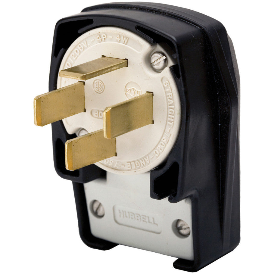 Straight Blade Plug, Angled, 4-Position, 60A, 3-Phase Y 120/208V, 4P4W, NEMA 18-60P, Cord Dia. 0.625 to 1.310 in., Black/White
