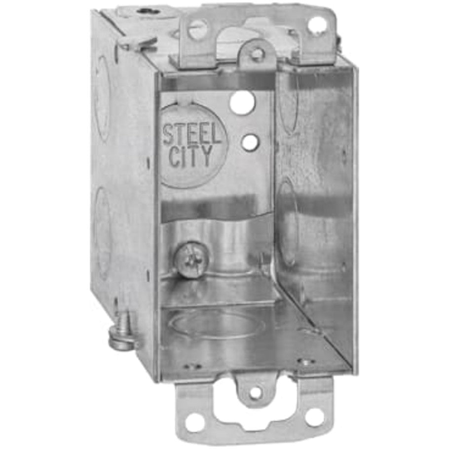 3x2 Switch Box, Gangable, Steel, 3-1/2 in. D, (6) 1/2 in. Side KO, (1) 1/2 in. Bottom KO, Mounting Ears, (2) C-5 Clamps