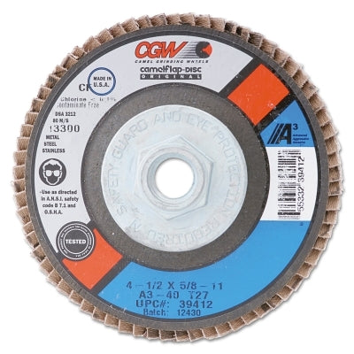 Flap Disc, A3 Aluminum Oxide, Reg, 4-1/2 in, 60 Grit, 5/8 in Arbor,13,300 rpm