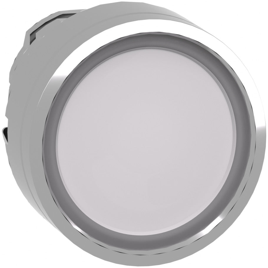 Head for illuminated push button, Harmony XB4, metal, white flush, 22mm, universal LED, spring return, plan lens
