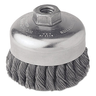 Single Row Heavy-Duty Knot Cup Brush, 4 in dia, 5/8-11 UNC, 0.023 Stainless Wire