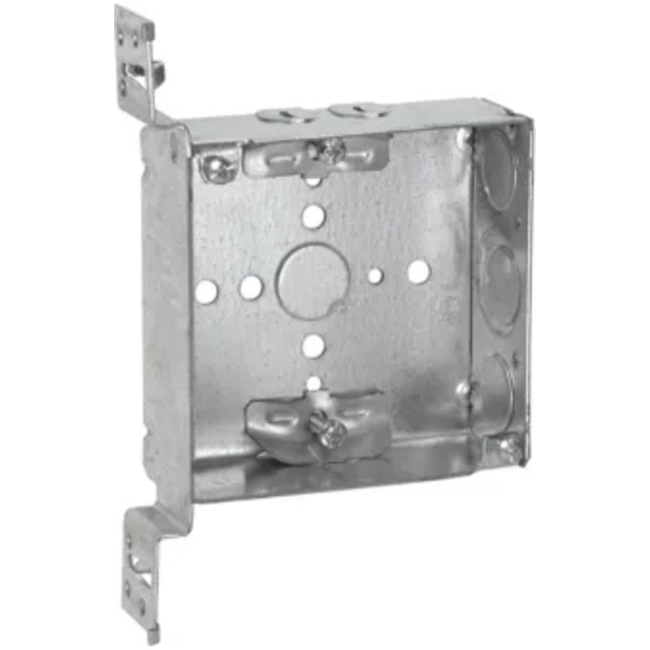 4 Square Box, Steel, Welded, 1-1/2 in. D, (4)Cable Clamps, (2)1/2   (1) 1/2 3/4 in. E Side KO, (1)1/2 in. Bottom KO, VMS Bracket