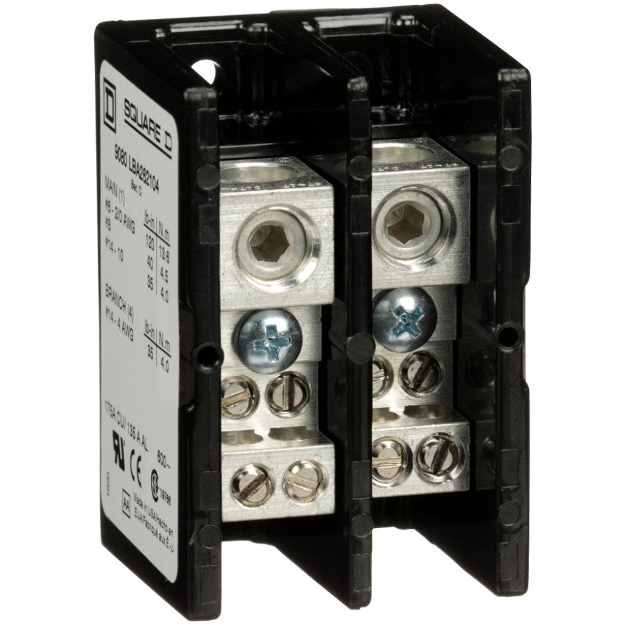 Power distribution block, Linergy, 2 pole, 1 line, 4 load, 175A Cu, 135A Al, 600V