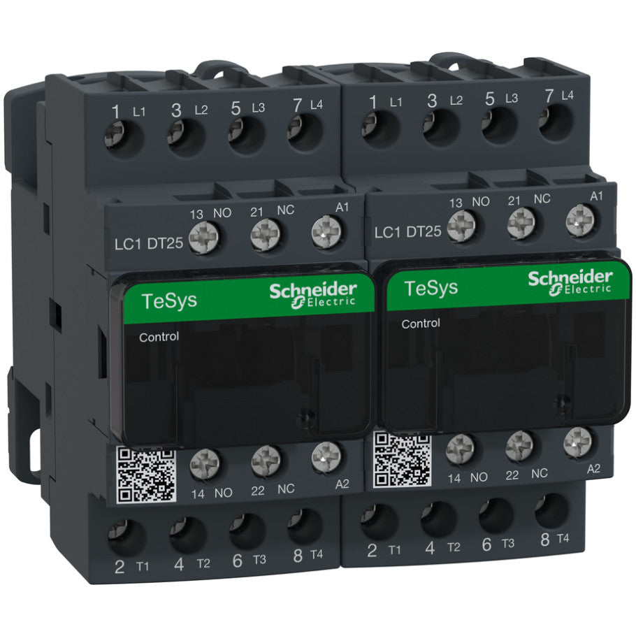 IEC Contactor, TeSys Deca, reversing, 25A Resistive, 4 Pole, 4 NO, 120VAC 50/60Hz Coil, Open Style
