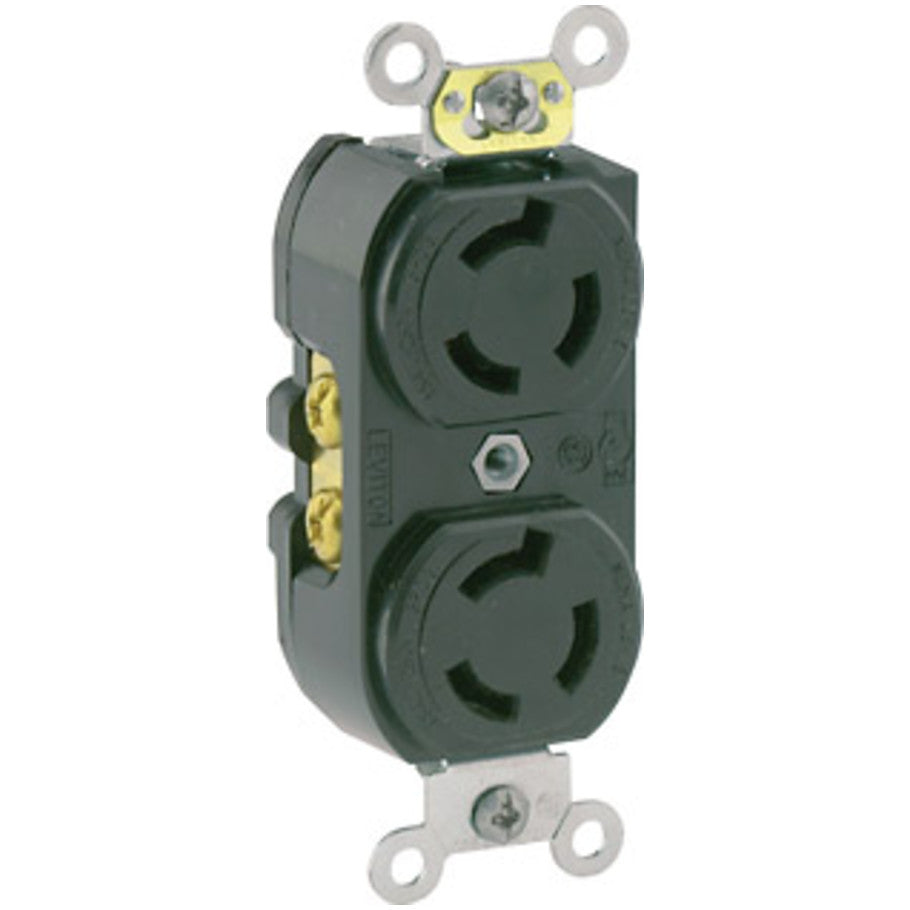 Duplex Locking Receptacle, Nylon, Black, 2-Pole, 15A, 3-Wire, L6-15R, 1-1/2 HP, 250V ac, Brass 10-32, Brass 0.031 Thick, Steel