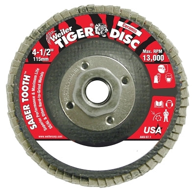 Saber Tooth Ceramic Flap Discs, 4 1/2 in, 80 Grit, 5/8 Arbor, 13,000 rpm