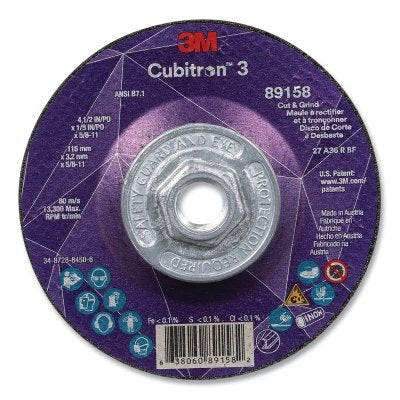 3M 638060-89158 Cubitron 3 Cut and Grind Wheel, 4-1/2 in dia x 1/8 in Thick x 5/8 in-11 Arbor, 36+ Grit, T27