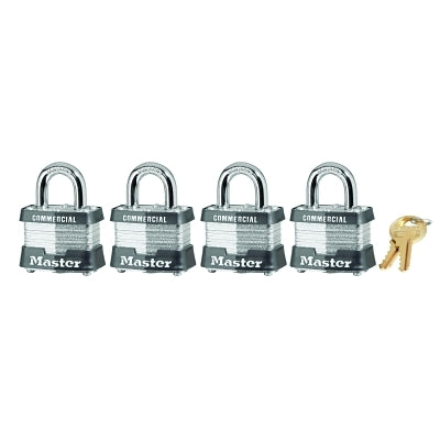 No. 3 Laminated Steel Padlock, 9/32 in dia, 5/8 in W x 3/4 in H Shackle, Silver/Gray, Keyed Alike, Varies