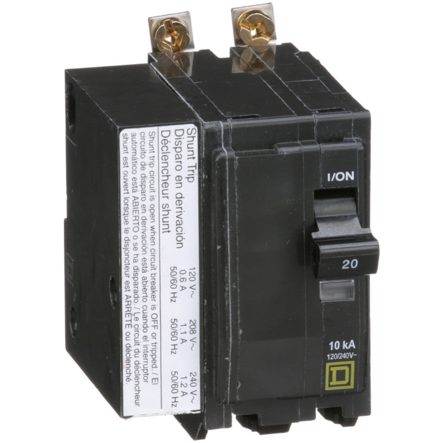 QOB Miniature Circuit Breaker, Bolt On, 2 Pole, 20A, 120/240V, 10kA, Shunt Trip