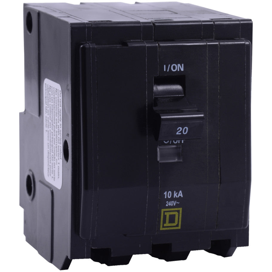 QO Miniature Circuit Breaker, Plug-In, 22kA, 240 Vac, 3-Pole, 20A, Common Trip