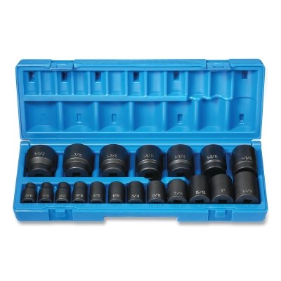 Impact Socket Set, 1/2 in Dr, SAE, 12-point, 3/8 in to 1-1/2 in, 19-Pc STD Length