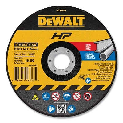 High Performance Cutting Wheel, Type 1, 6 in dia x 0.040 in Thick x 7/8 in Arbor, 60 Grit, Aluminum Oxide