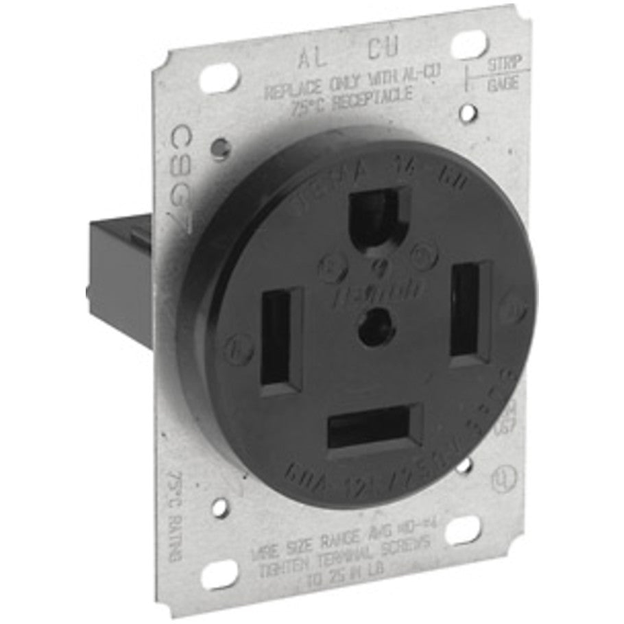Black Nylon Flush-Mount 60A 125/250V 3P4W NEMA 14-60R Single Straight Blade Power Receptacle