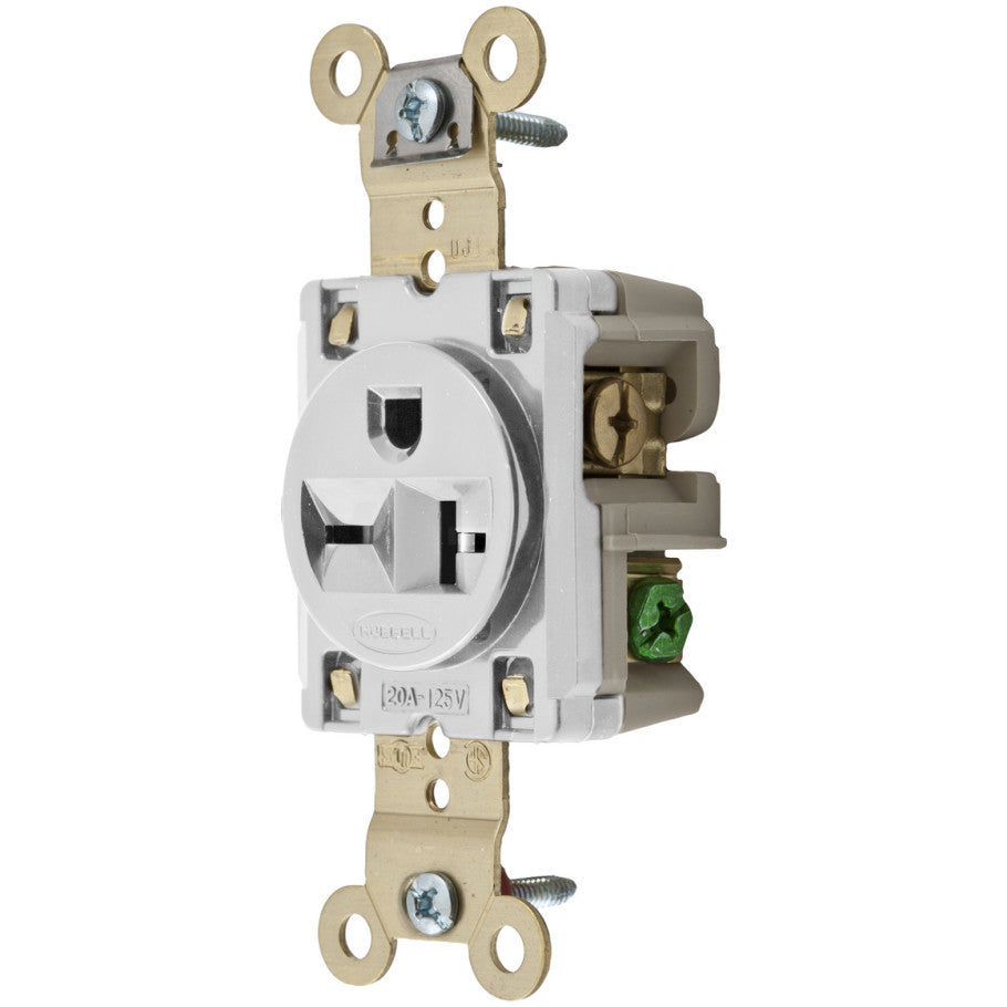 HBL Straight Blade Receptacle, Single, Extra Heavy Duty Spec Grade, 20A, 250V, 2P3W, White