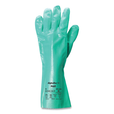 39-124 14 in Reinforced Nitrile Gloves, Gauntlet Cuff, Interlock Knit Cotton Liner, Size 9, Green