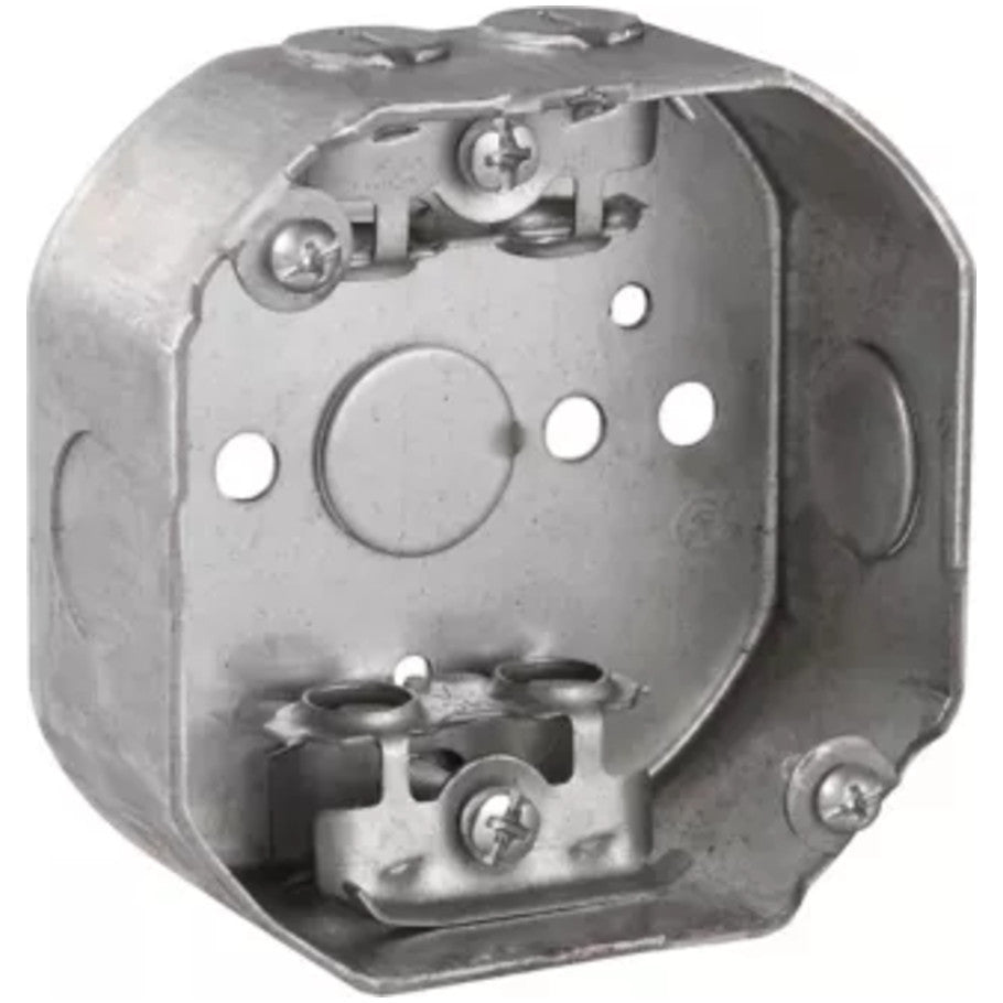 Octagon 4 in. Dia. Outlet Box, Steel, Fixture Rated, 1-1/2 in. D, (4) Cable Clamps, (2) 1/2 in. Side KO, (1) 1/2 in. Bottom KO