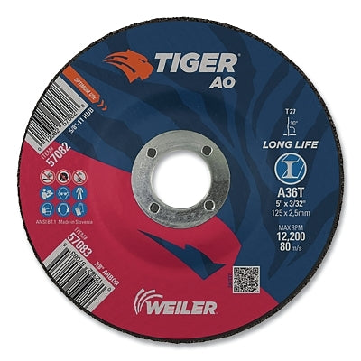 Tiger AO Cutting Wheel, 5 in dia x 3/32 in Thick, 7/8 in Arbor, A36S, Type 27