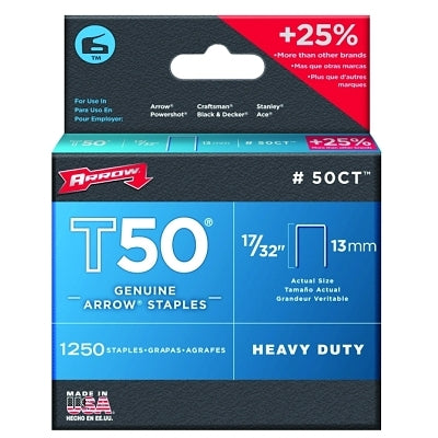 T50 Type Staples, 17/32 in L x 3/8 in W, 1250 per box