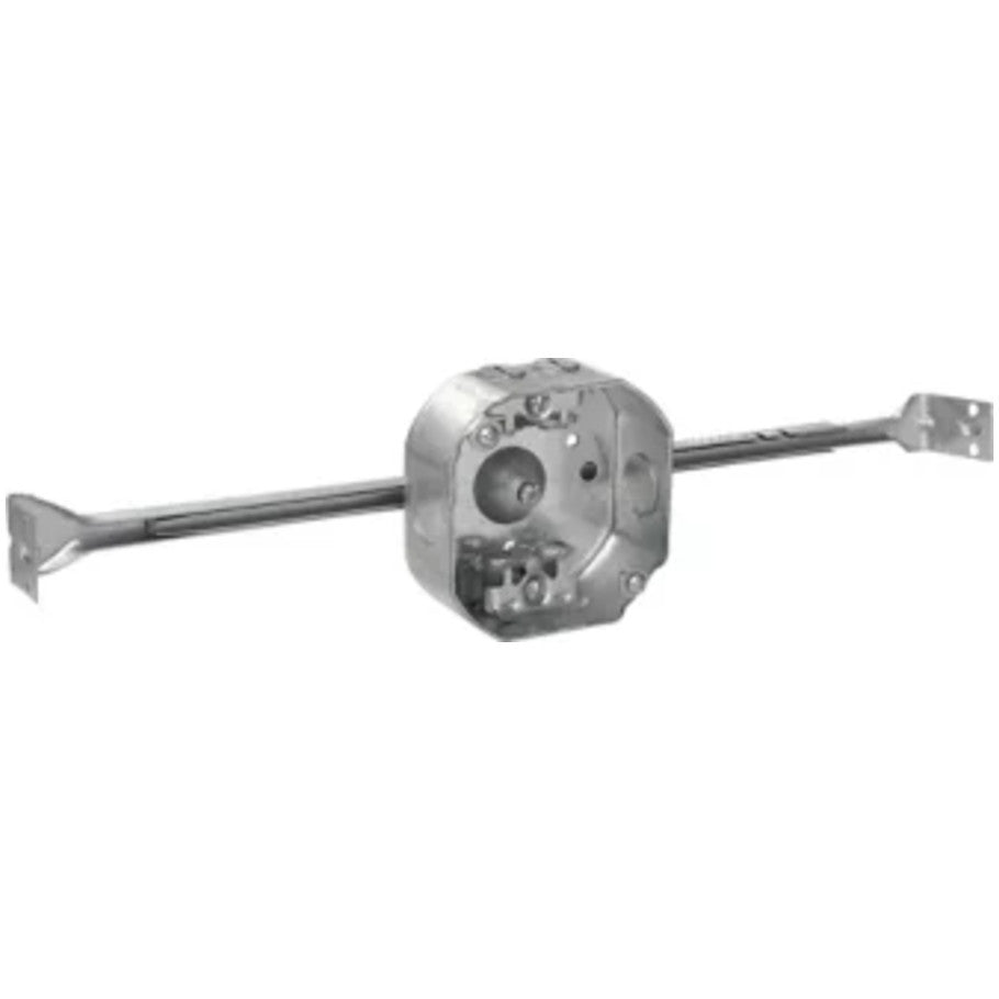 Ceiling Fan Box, Adjustable Bar Hanger, Steel, 1-1/2 in. D, 1/2 in. KOs, Use with Armoured   Metal Clad Cable - Clamps Each End