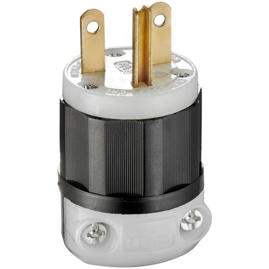 Black/White Nylon 15A 250V 2P3W Straight Blade Plug, Industrial Grade