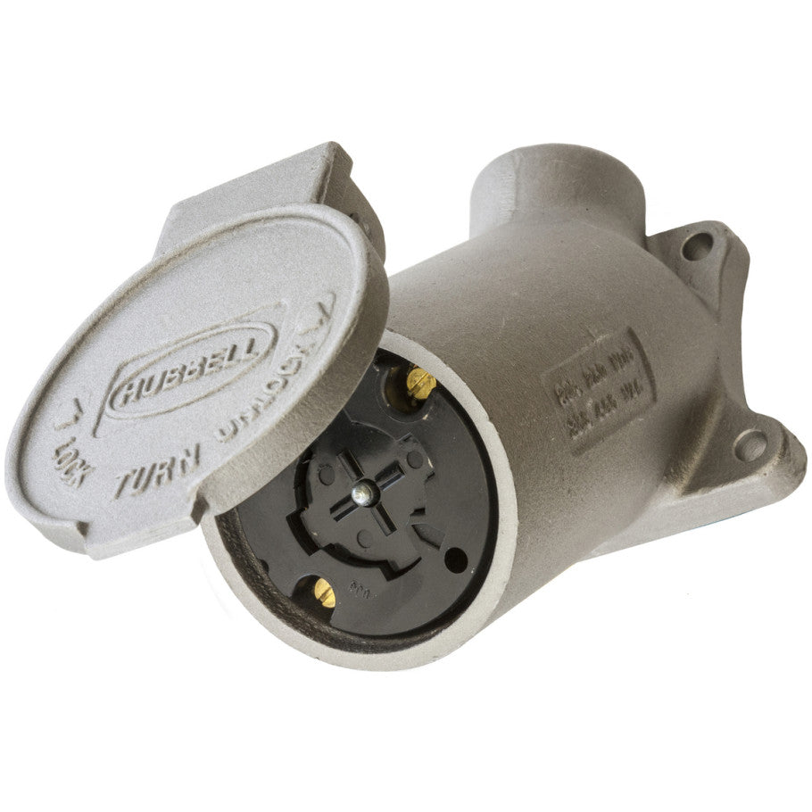Hubbellock Receptacle, 30A 600VAC, 20A 250VDC, 3P4W, Spring-Loaded Safety Shutter, Aluminum Angle Housing, 3/4 in. Hub